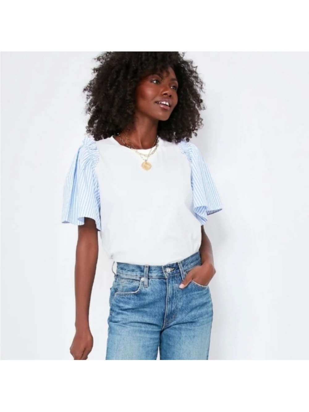 Hyacinth House Blue Striped Sleeve White Tee